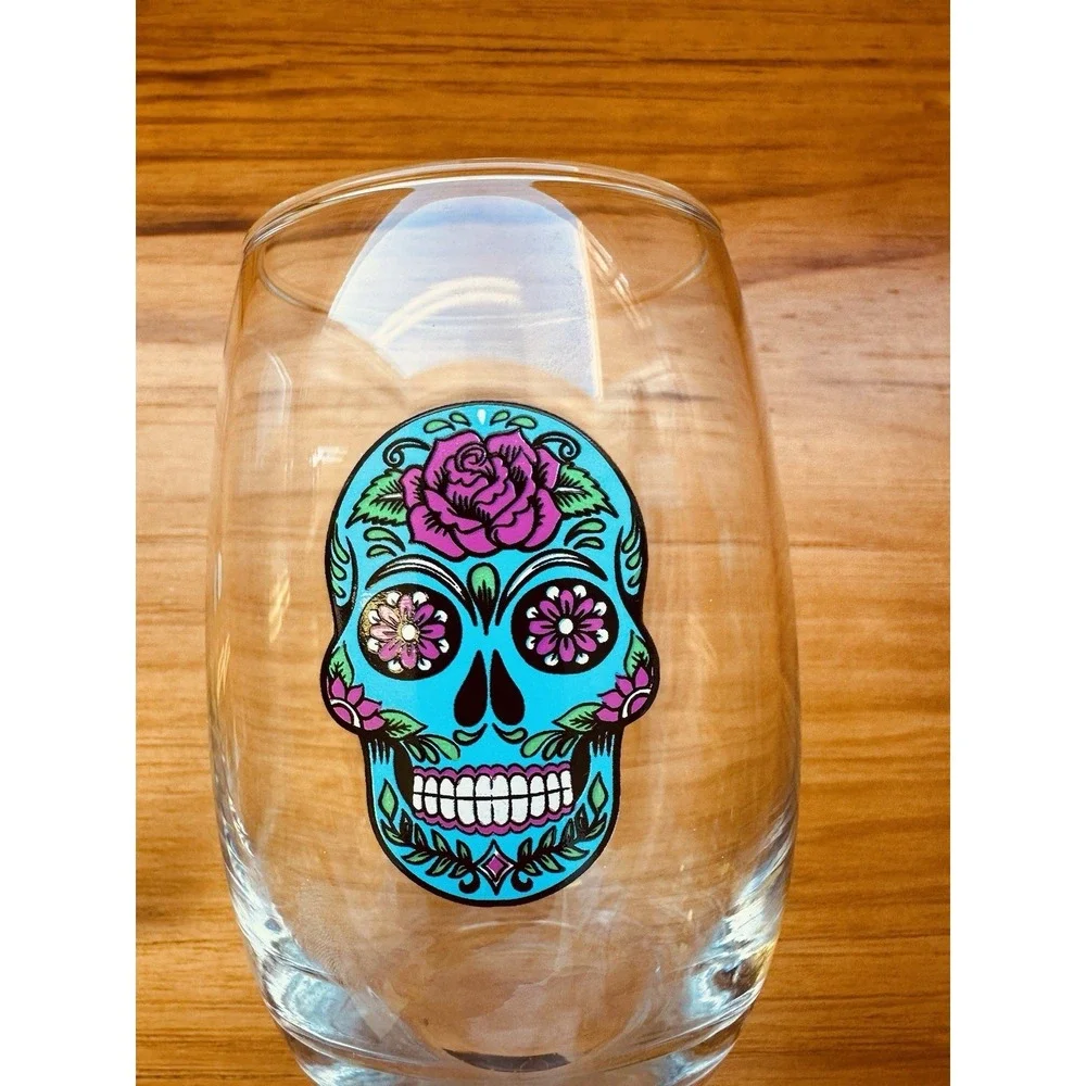 Stemless Wine Glass DAY OF THE DEAD Painted Scull 14 fl oz Set Of 2‎